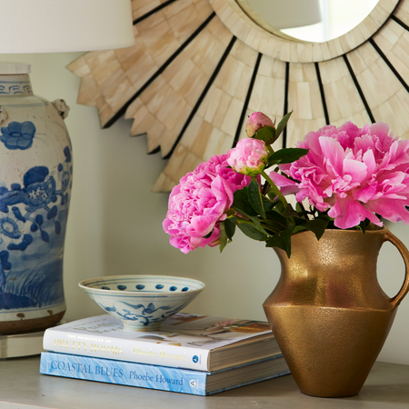 Estelle Gold Pitcher Styled with peonies