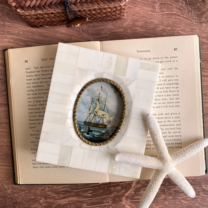 Whaling Ship Print in Bone Frame styled with open book