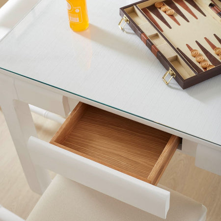  Parsons White Grasscloth Game Table with open drawer