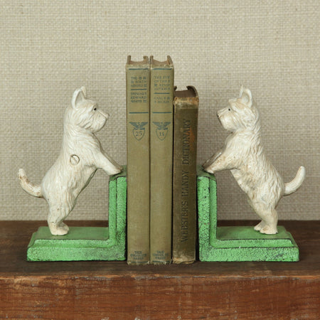 White Westie Cast Iron Bookends with vintage books