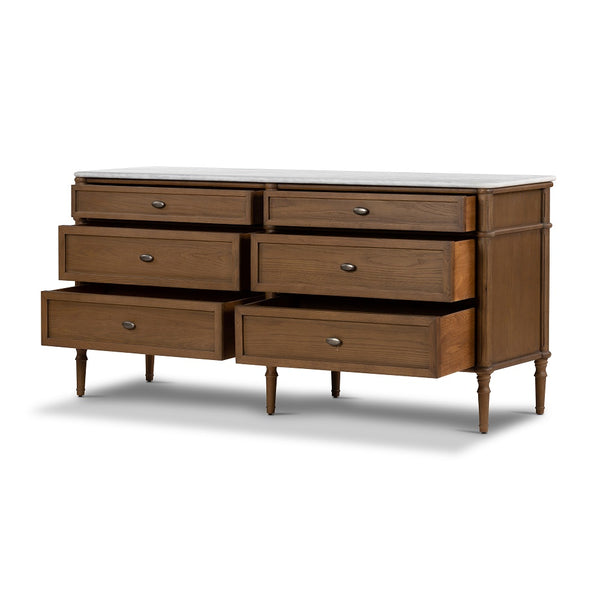 Whitman Marble Six Drawer Dresser with open drawers