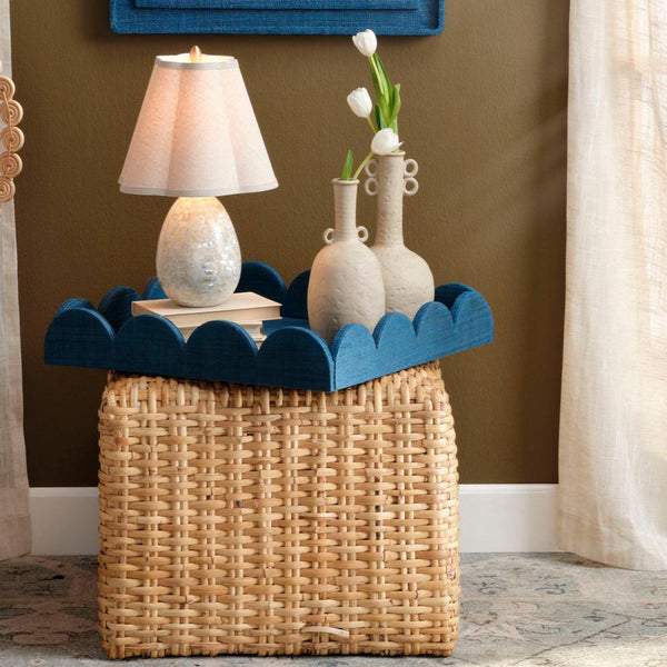 Wonderland Indigo Scalloped Tray styled on rattan stool