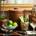 Woven Rattan Ice Bucket styled with bamboo bar tools