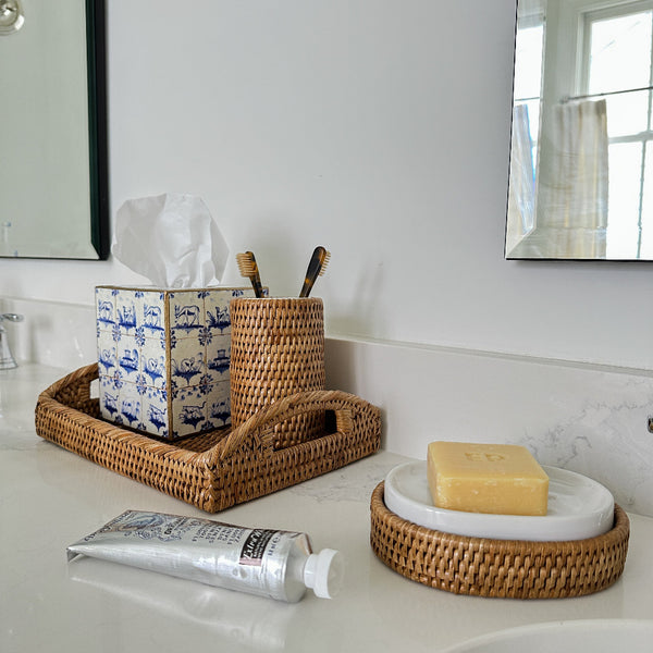 Woven Rattan Oval Soap Dish with Teplin Tray