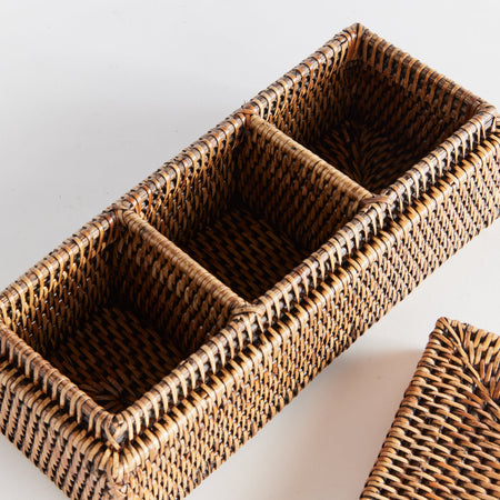 Woven rattan storage basket with compartments 