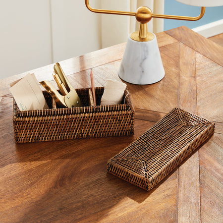 Woven rattan storage basket with office supplies