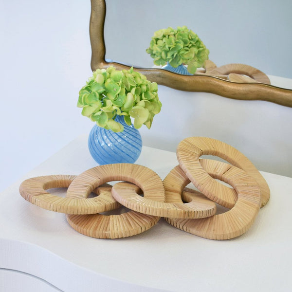 Yolo Rattan Wrapped Decorative Chain Links on dresser with hydrangeas