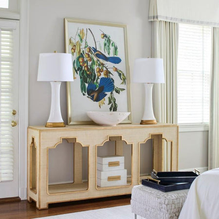 Yangon Raffia Console styled with white lamps