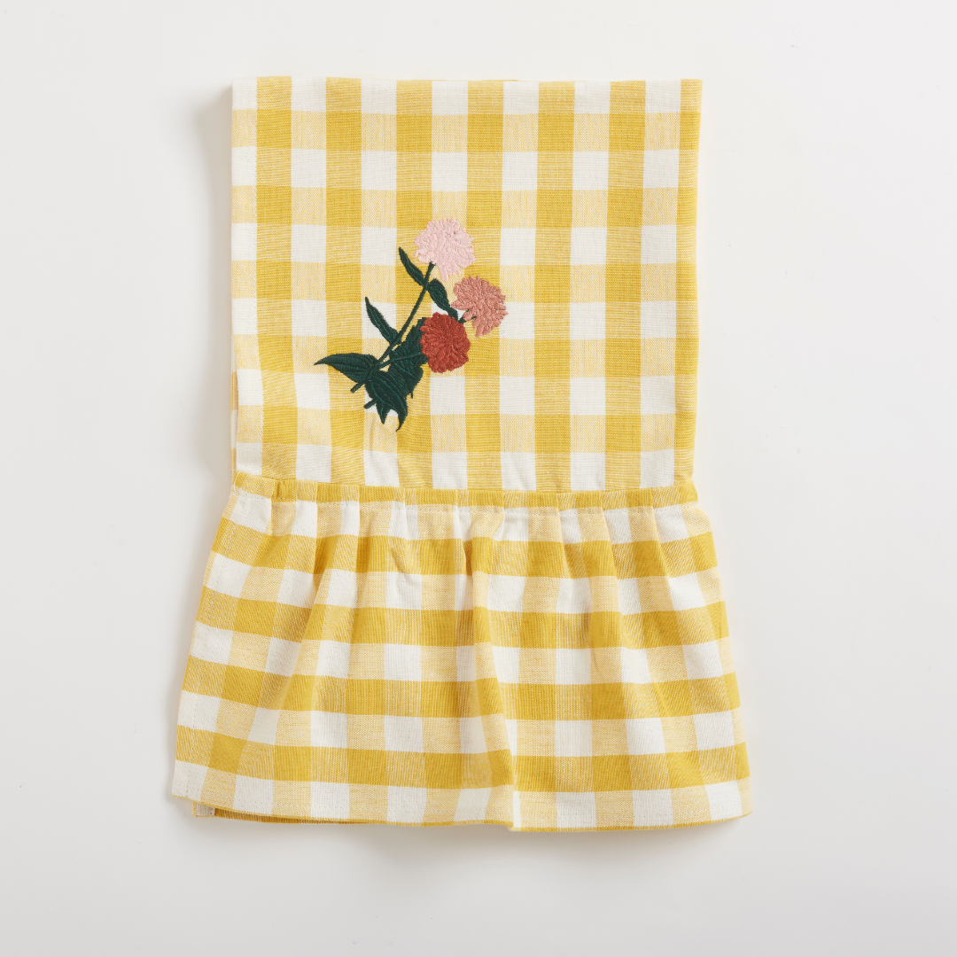 Yellow Ruffle Gingham Dish Towel with embroidered flowers