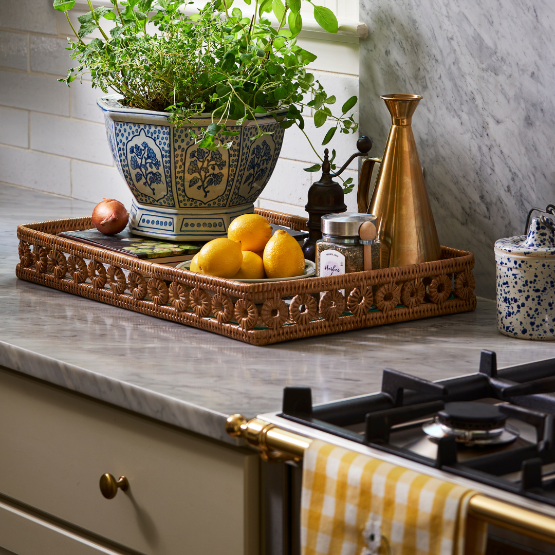 Yellow Ruffle Gingham Dish Towel with embroidered flowers on stove - Dear Keaton