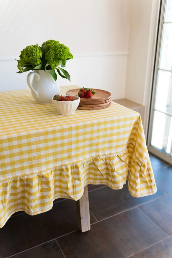 Yellow Ruffle Gingham Table Cloth ruffle detail