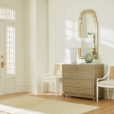 Zen Brown Grasscloth Chest styled in entry with Aiden White Arm Chairs