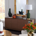 Zen Brown Grasscloth Grande Cabinet styled with gold mirror