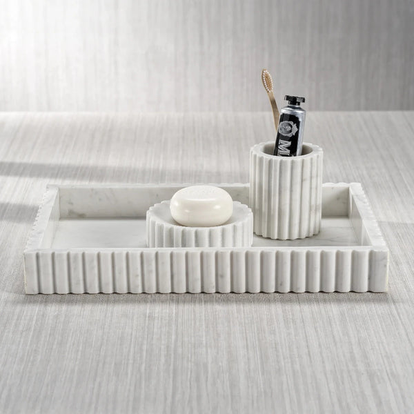 Scalloped White Marble Tumbler on marble tray