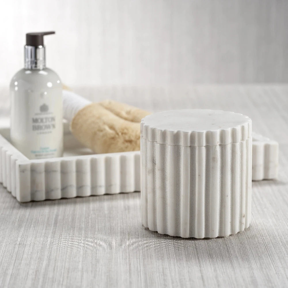 Scalloped White Marble Canister styled with marble tray