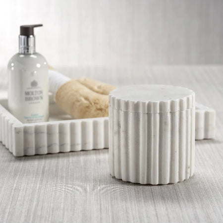 Scalloped White Marble Canister styled with marble tray