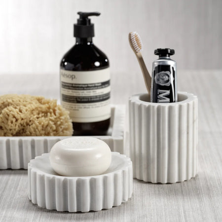 Scalloped White Marble Soap Dish Styled