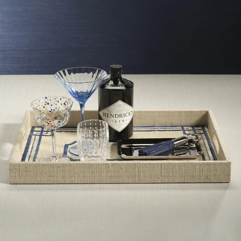 Blue Border Raffia Tray styled with cocktails