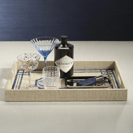 Blue Border Raffia Tray styled with cocktails