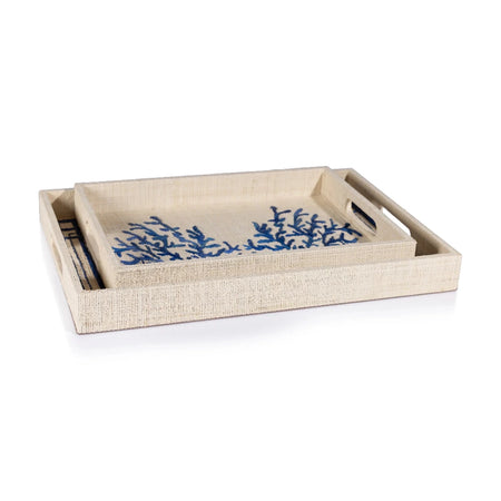 Blue Border Raffia Tray and Blue Coral Tray Nested