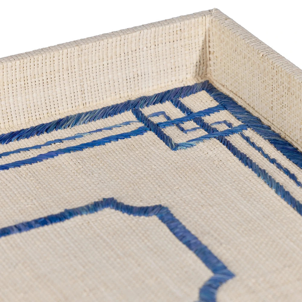 Blue Border Raffia Tray corner closeup