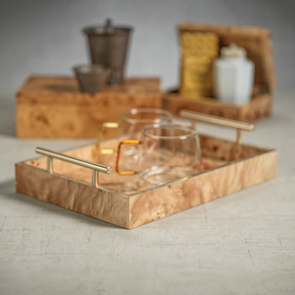 Leiden Small Burl Tray Styled with Glassware