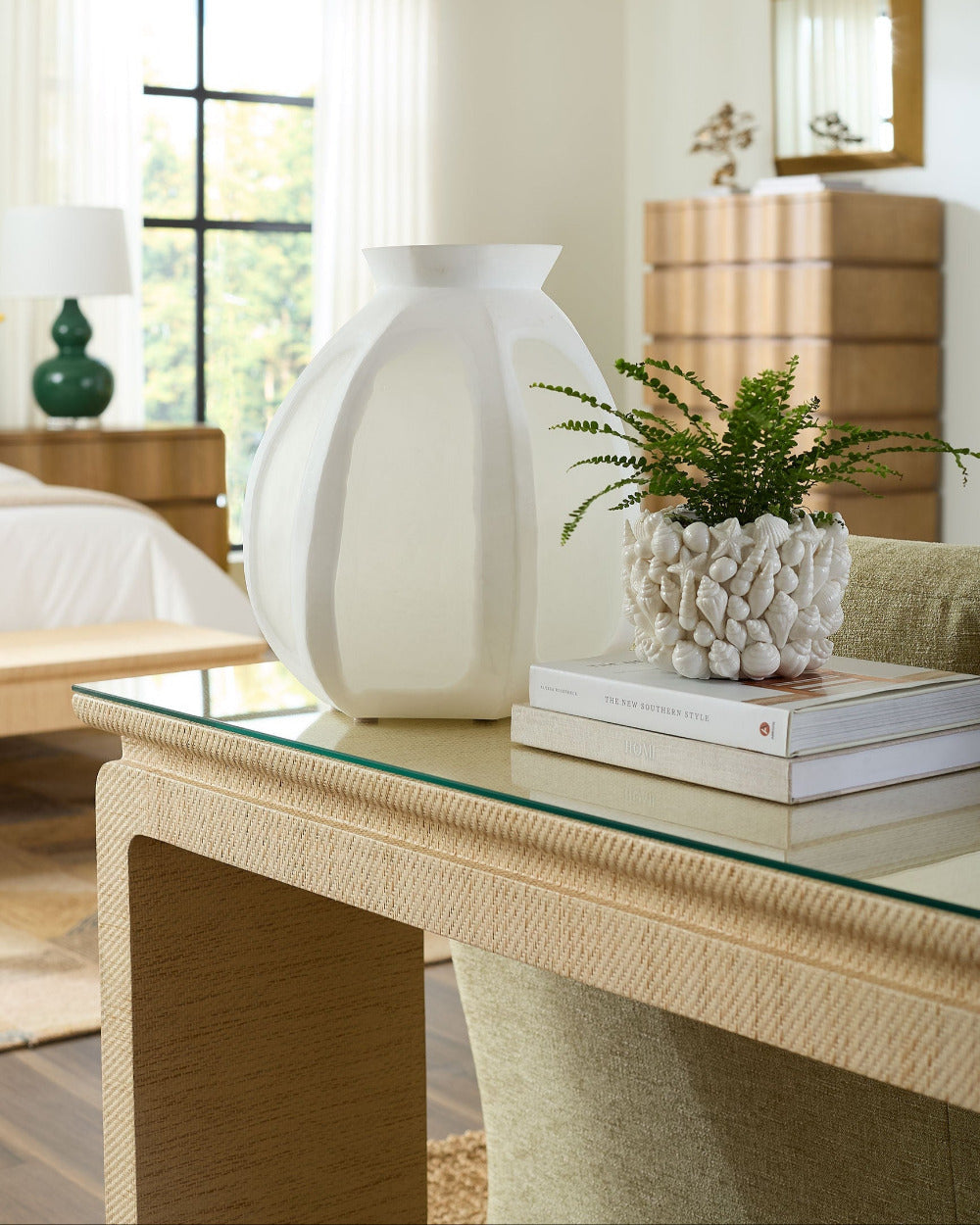 Zuri Grasscloth Console with glass topper