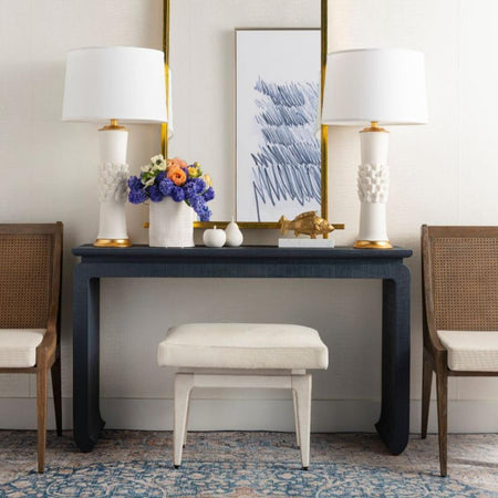 Zuri Storm Blue Console Table styled with Regan Chairs