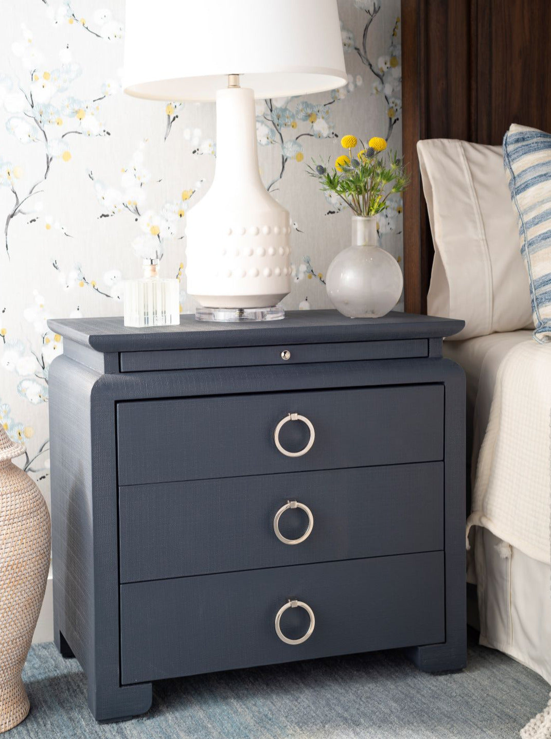 Zuri Navy Nighstand in bedroom