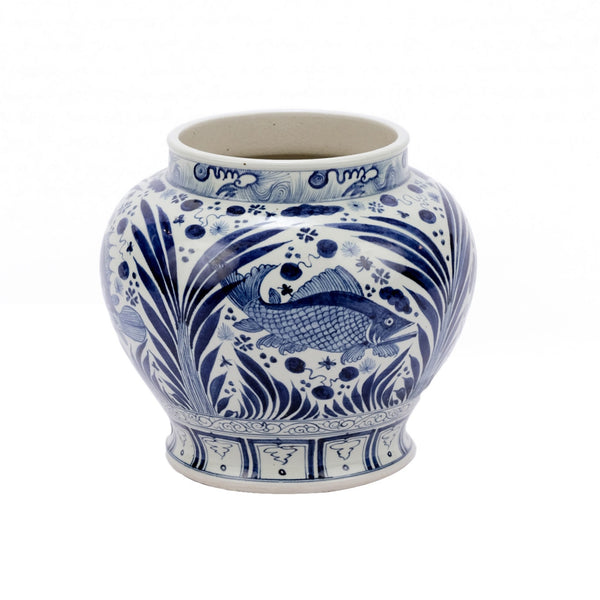 Lotus Fish Open Top Jar - Chinoiserie Blue Vase