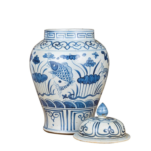 Blue and White Lotus Fish Temple Jar