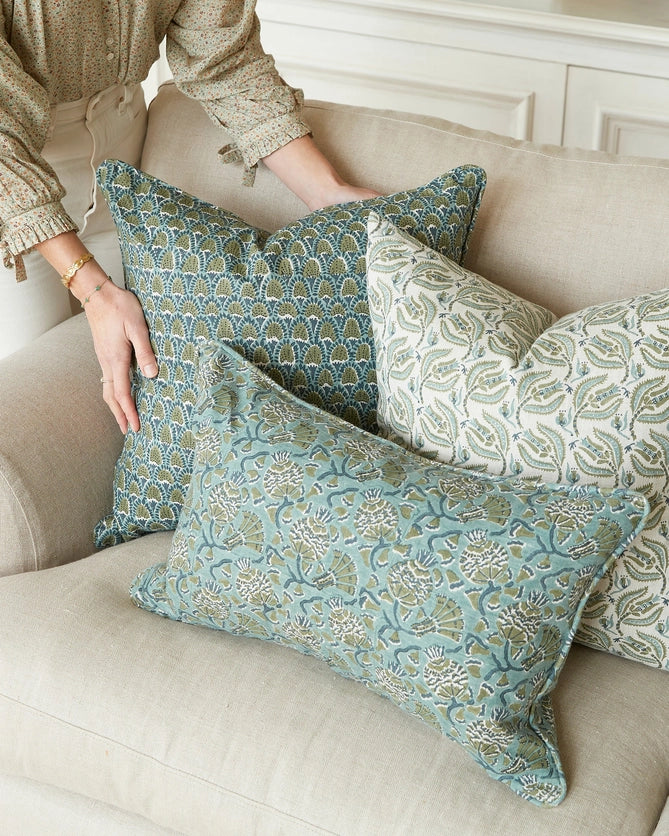 Brocatto, Scopello and Iznick Slate block print pillows on sofa