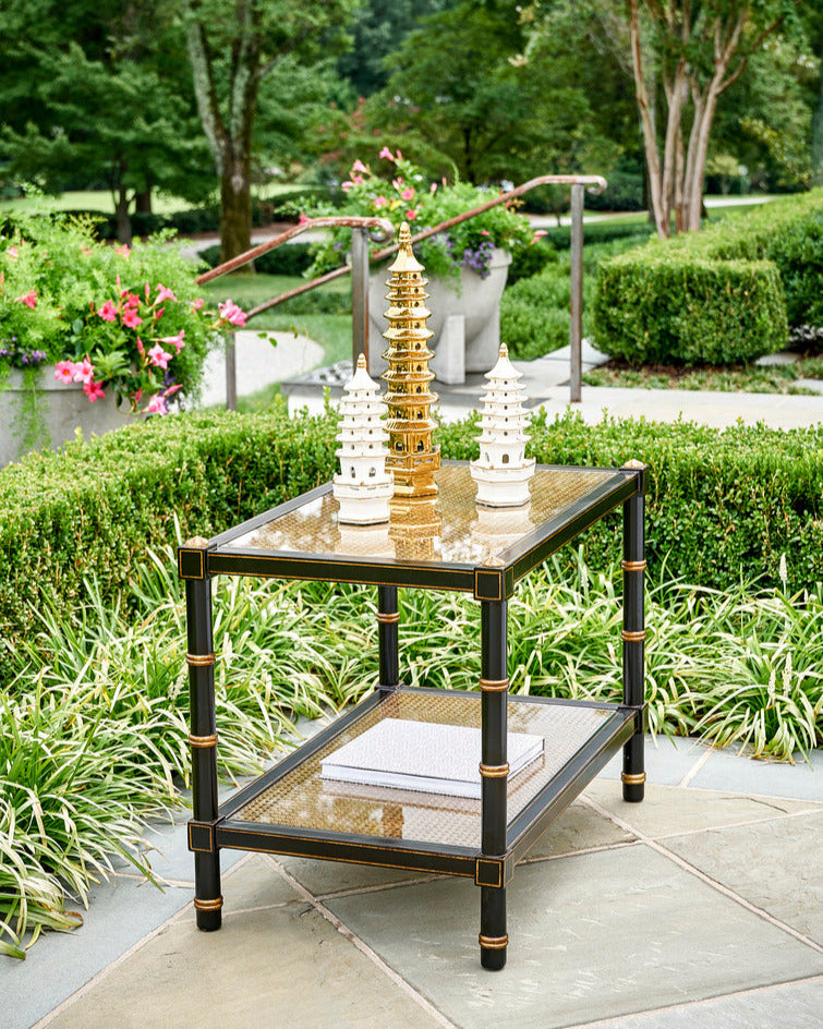 Cabana Cane Cocktail Table styled on patio