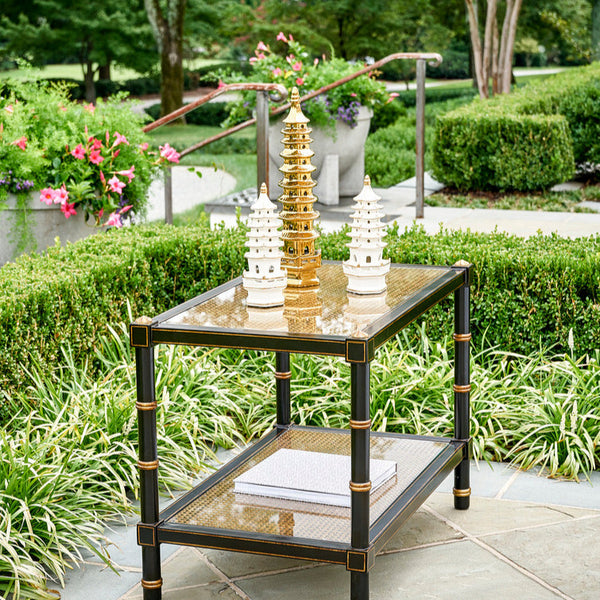 Cabana Cane Cocktail Table styled on patio