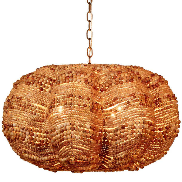 Large Natural Beaded Clamshell Chandelier illuminated