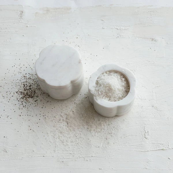 Stacked Marble Pinch Pot Set filled with salt and pepper