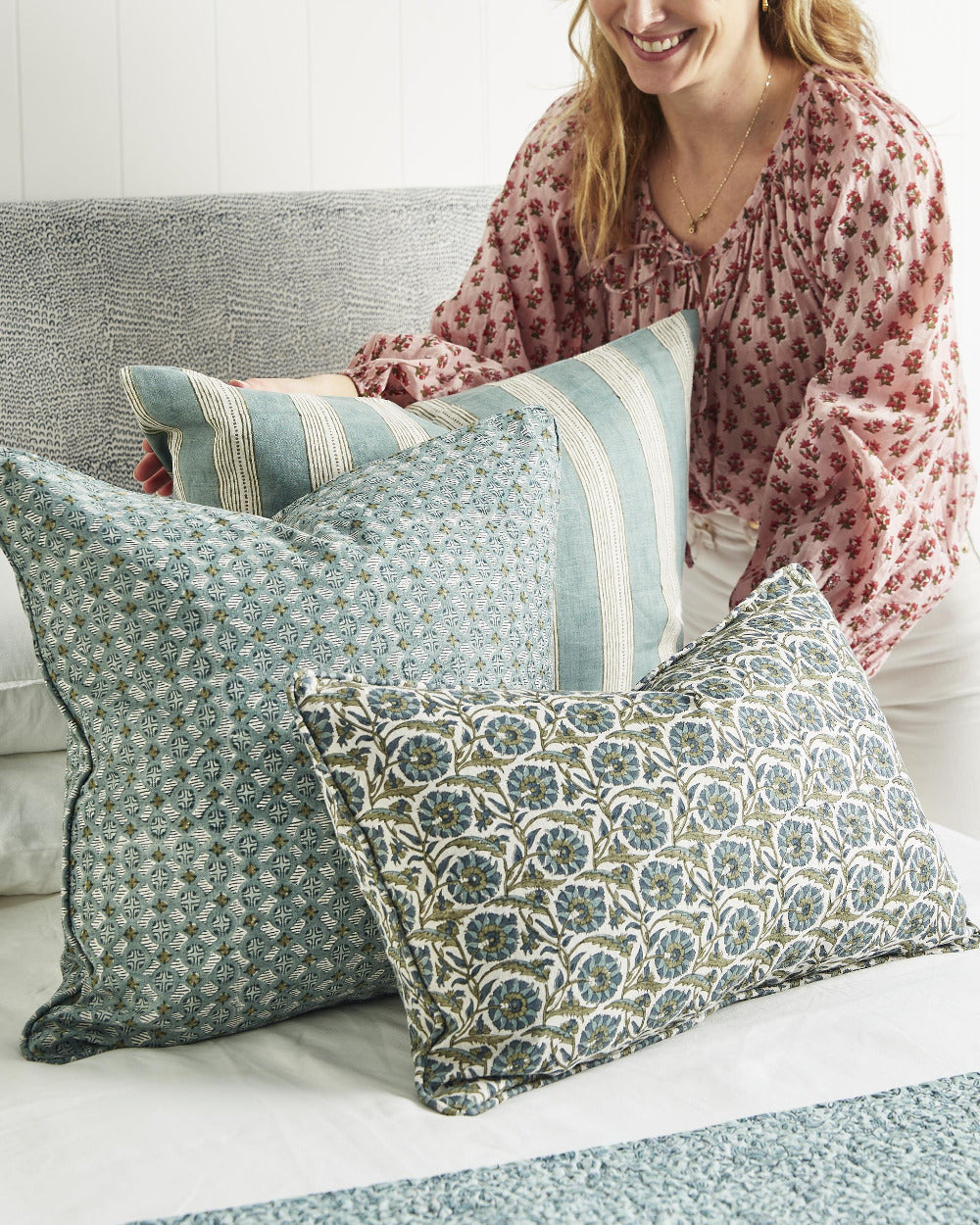 Istanbul Slate Pillow styled on bed