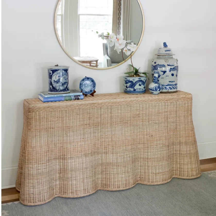 Harbour Island Scalloped Console styled with blue and white accents