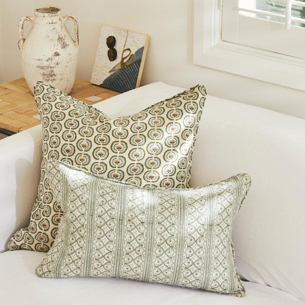 Okinawa Moss Celadon Pillow Cover styled on white sofa