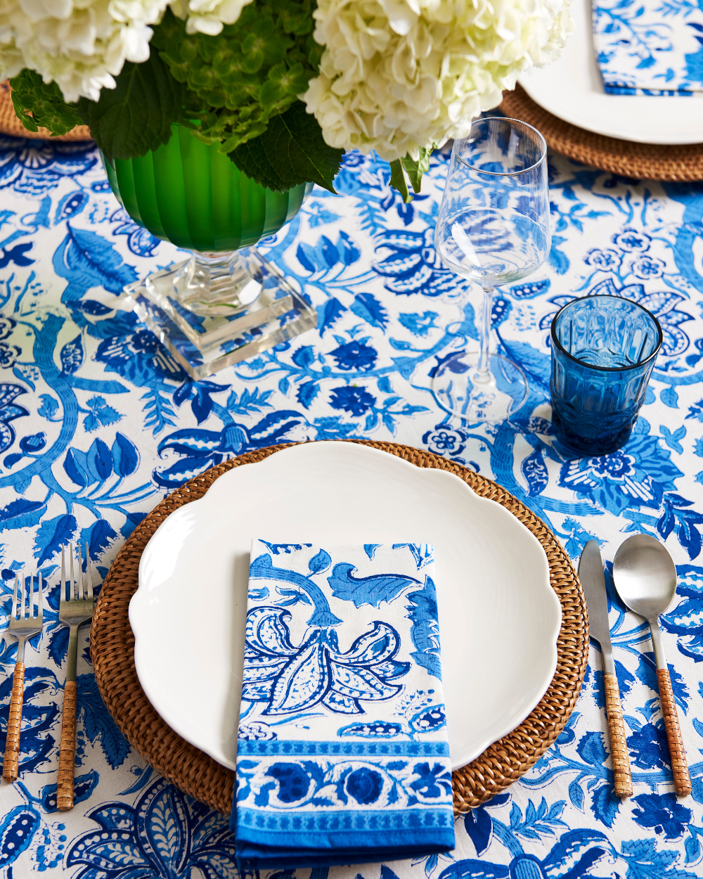 Cobalt Floral Block Print Table Cloth and Napkin - Dear Keaton