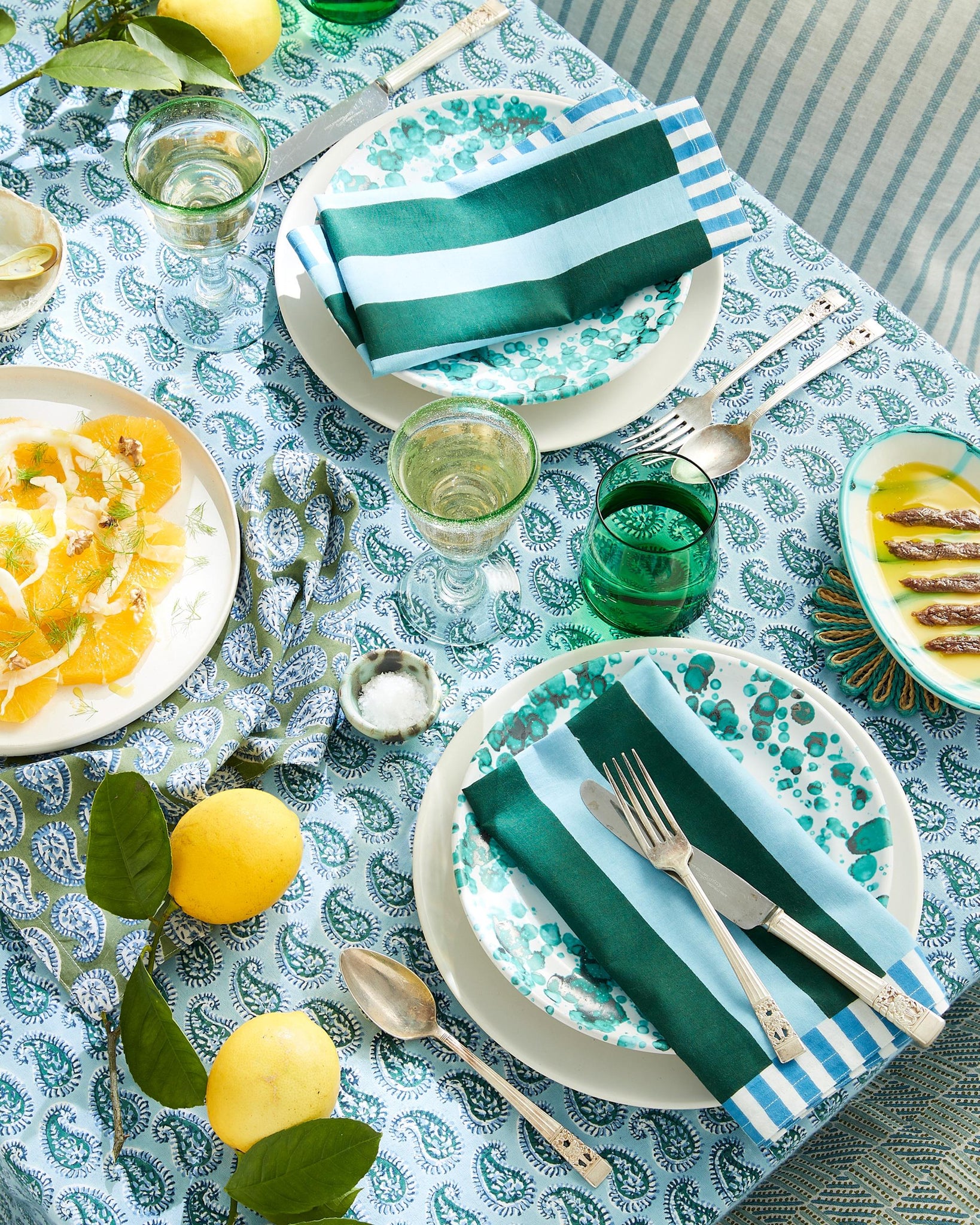 Simrane Byzantine Paisley Table Cloth and Palma stripe napkins on table