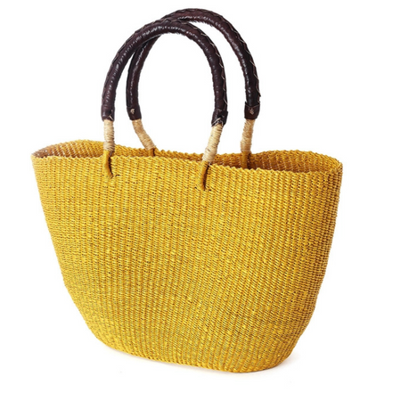 Mustard Marche Straw Tote with brown leather wrapped handles