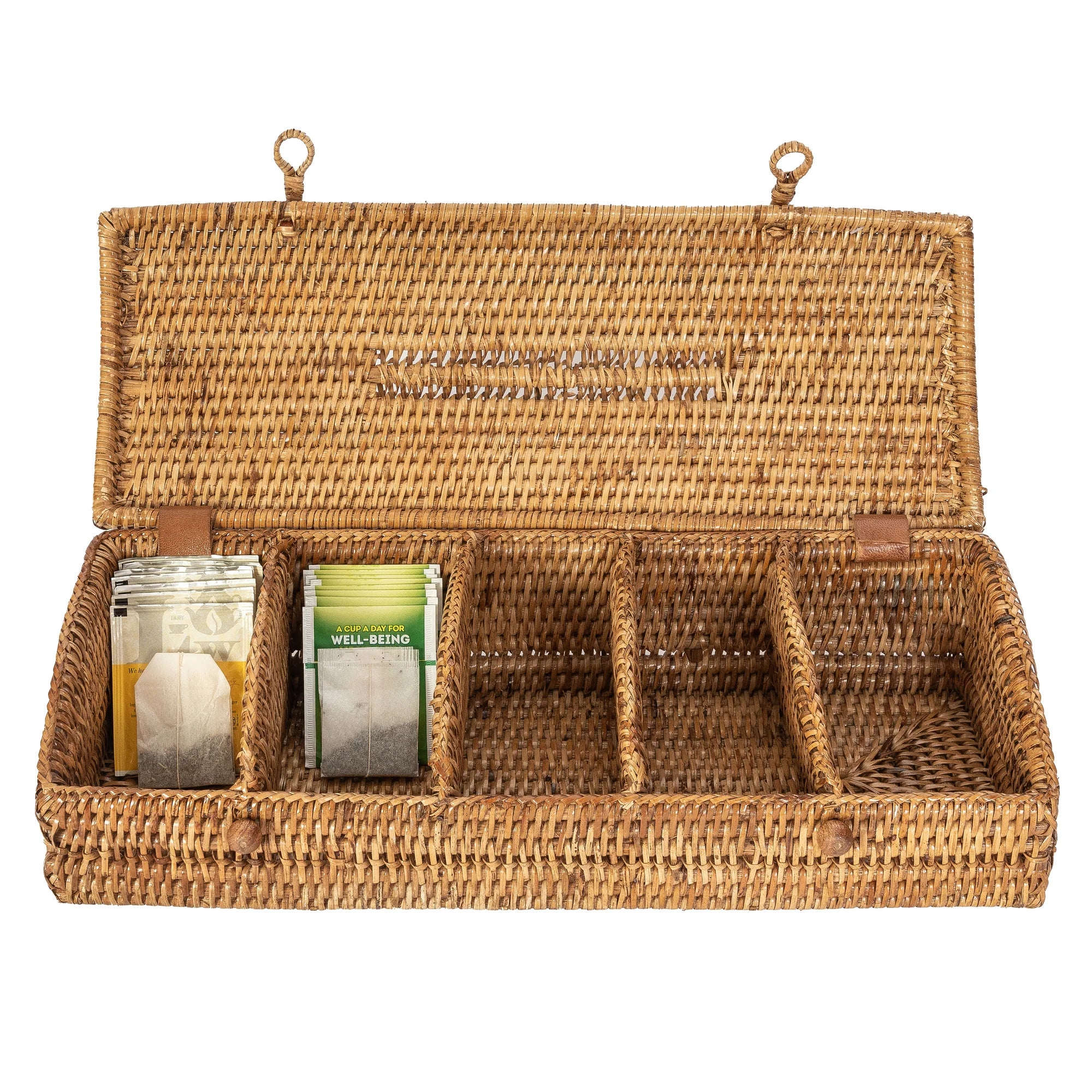 Wicker Tea Caddy with tea bags inside