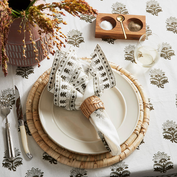 Brown and white block print table linens