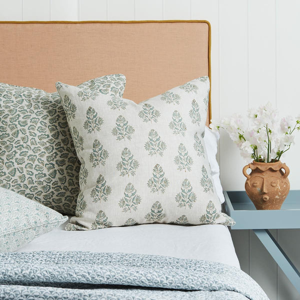 Ankara Oak Celadon Pillow Cover on Bed