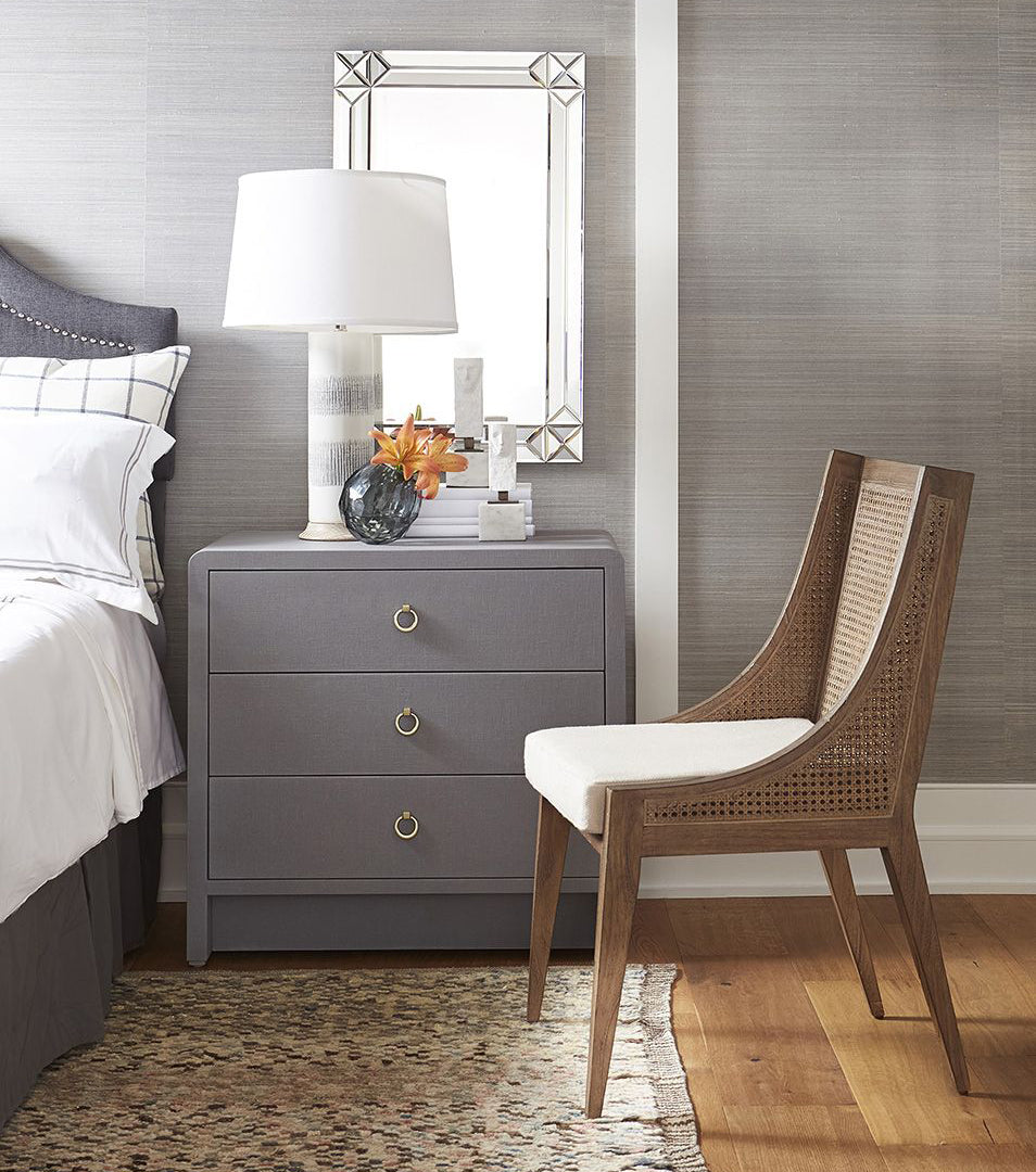 Blaine Grey Linen Nightstand Styled with Regan Driftwood Arm Chair
