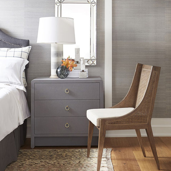 Blaine Grey Linen Nightstand Styled with Regan Driftwood Arm Chair