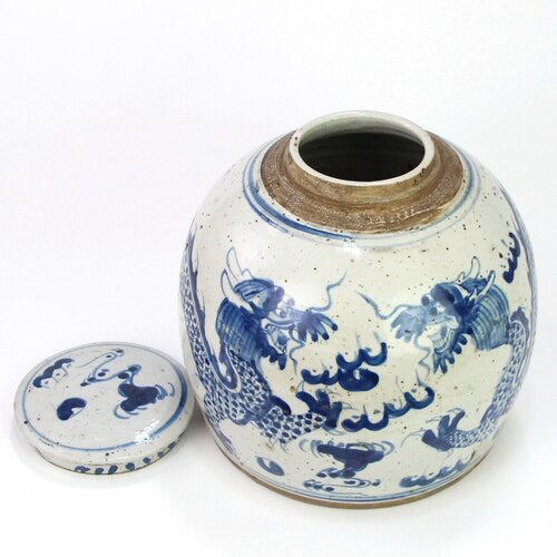 Blue and White Dragon Ming Jar Open View