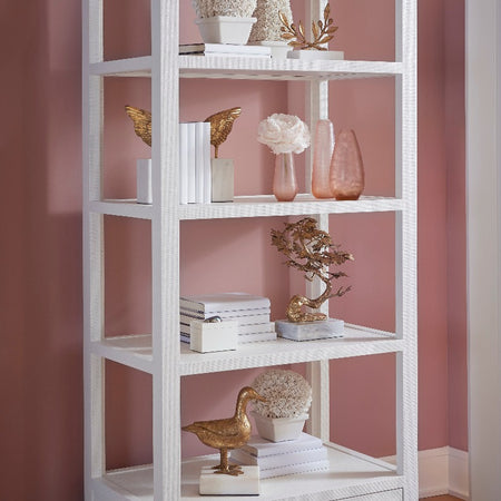 Clayton White Grasscloth Etagere Styled in pink room