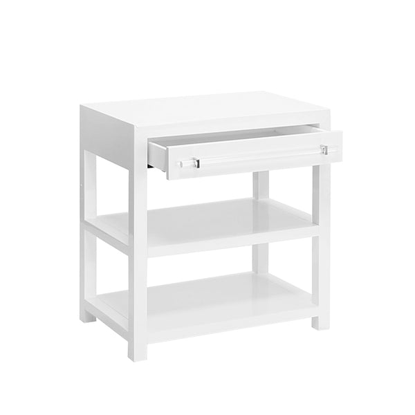 Gage White Lacquer Side Table Open Drawers